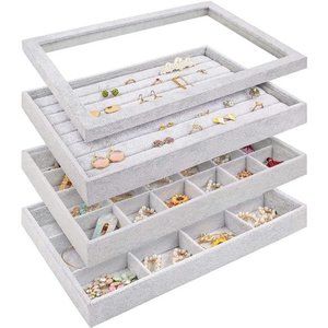 Velvet JewelryTrays Organizer with ClearLid,Stackable Jewelry Storage for Drawer